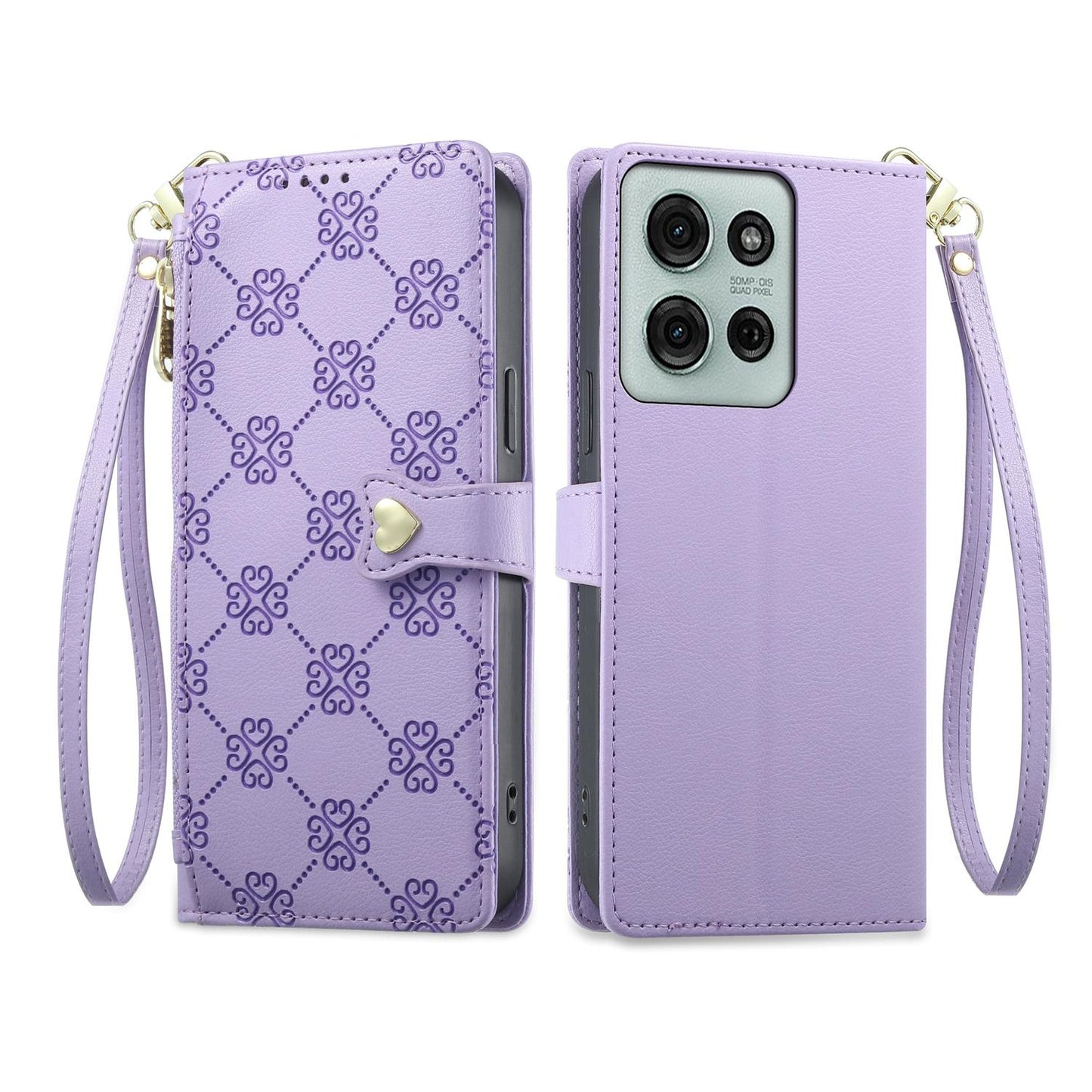 For Motorola Moto G75 5G Zipper Wallet Heart Buckle Vegan Leather Phone Case with Wrist Strap(Purple)