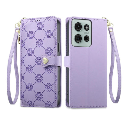 For Motorola Moto G75 5G Zipper Wallet Heart Buckle Vegan Leather Phone Case with Wrist Strap(Purple)
