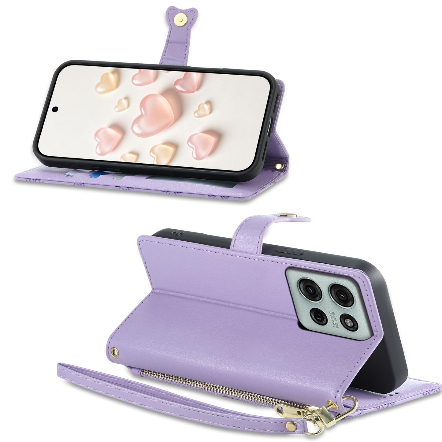 For Motorola Moto G75 5G Zipper Wallet Heart Buckle Vegan Leather Phone Case with Wrist Strap(Purple)