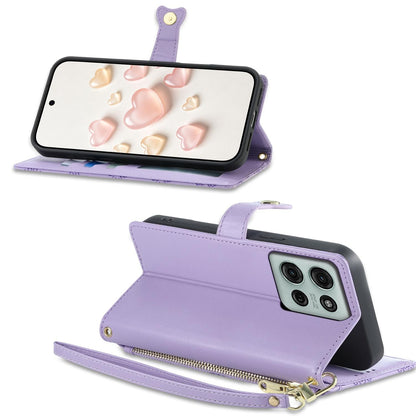 For Motorola Moto G75 5G Zipper Wallet Heart Buckle Vegan Leather Phone Case with Wrist Strap(Purple)