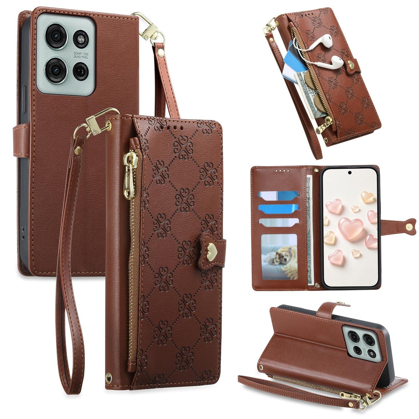 For Motorola Moto G75 5G Zipper Wallet Heart Buckle Vegan Leather Phone Case with Wrist Strap(Brown)