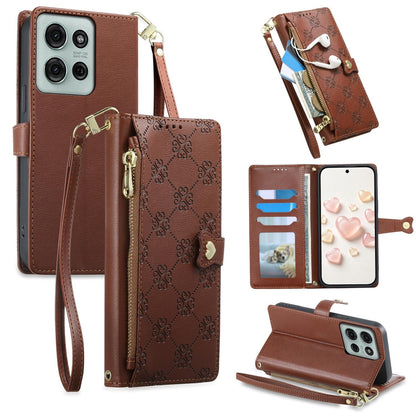 For Motorola Moto G75 5G Zipper Wallet Heart Buckle Vegan Leather Phone Case with Wrist Strap(Brown)