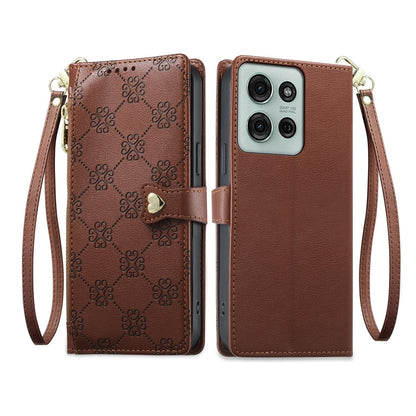 For Motorola Moto G75 5G Zipper Wallet Heart Buckle Vegan Leather Phone Case with Wrist Strap(Brown)