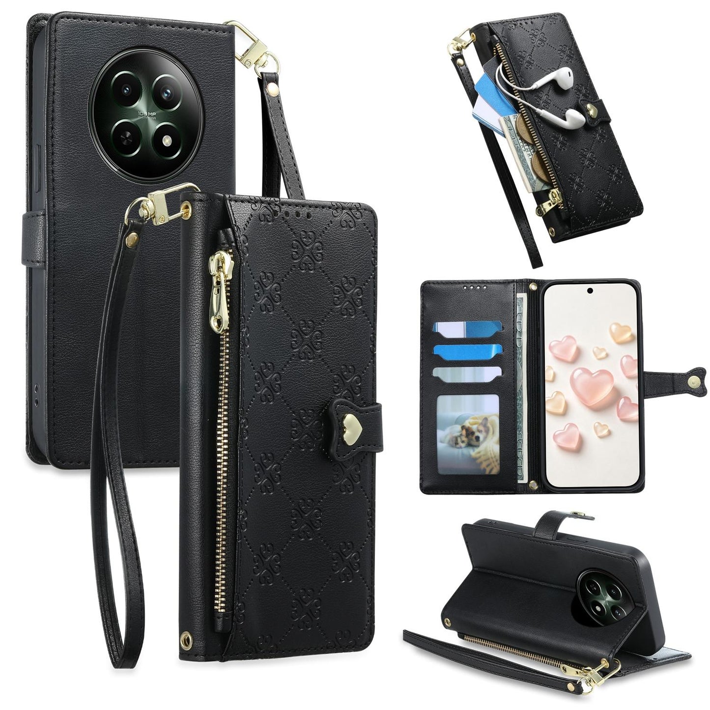For Realme 12 5G / 12x / C65 5G Zipper Wallet Heart Buckle Vegan Leather Phone Case with Wrist Strap(Black)