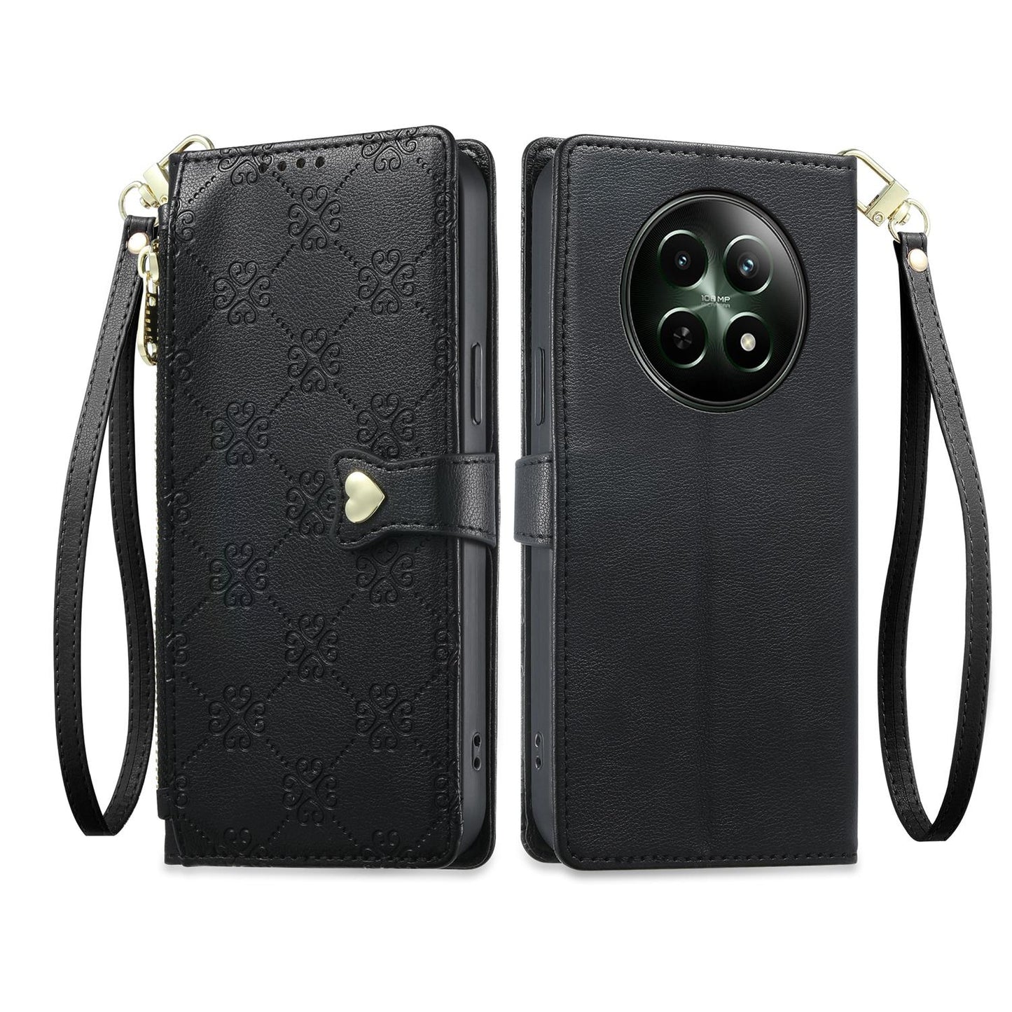 For Realme 12 5G / 12x / C65 5G Zipper Wallet Heart Buckle Vegan Leather Phone Case with Wrist Strap(Black)
