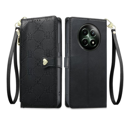 For Realme 12 5G / 12x / C65 5G Zipper Wallet Heart Buckle Vegan Leather Phone Case with Wrist Strap(Black)