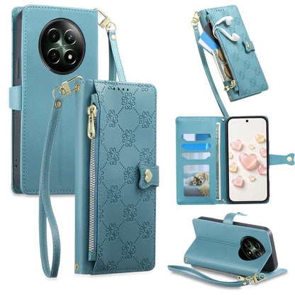 For Realme 12 5G / 12x / C65 5G Zipper Wallet Heart Buckle Vegan Leather Phone Case with Wrist Strap(Lake Blue)