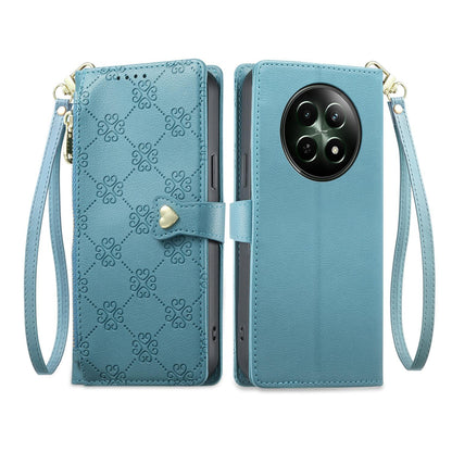For Realme 12 5G / 12x / C65 5G Zipper Wallet Heart Buckle Vegan Leather Phone Case with Wrist Strap(Lake Blue)