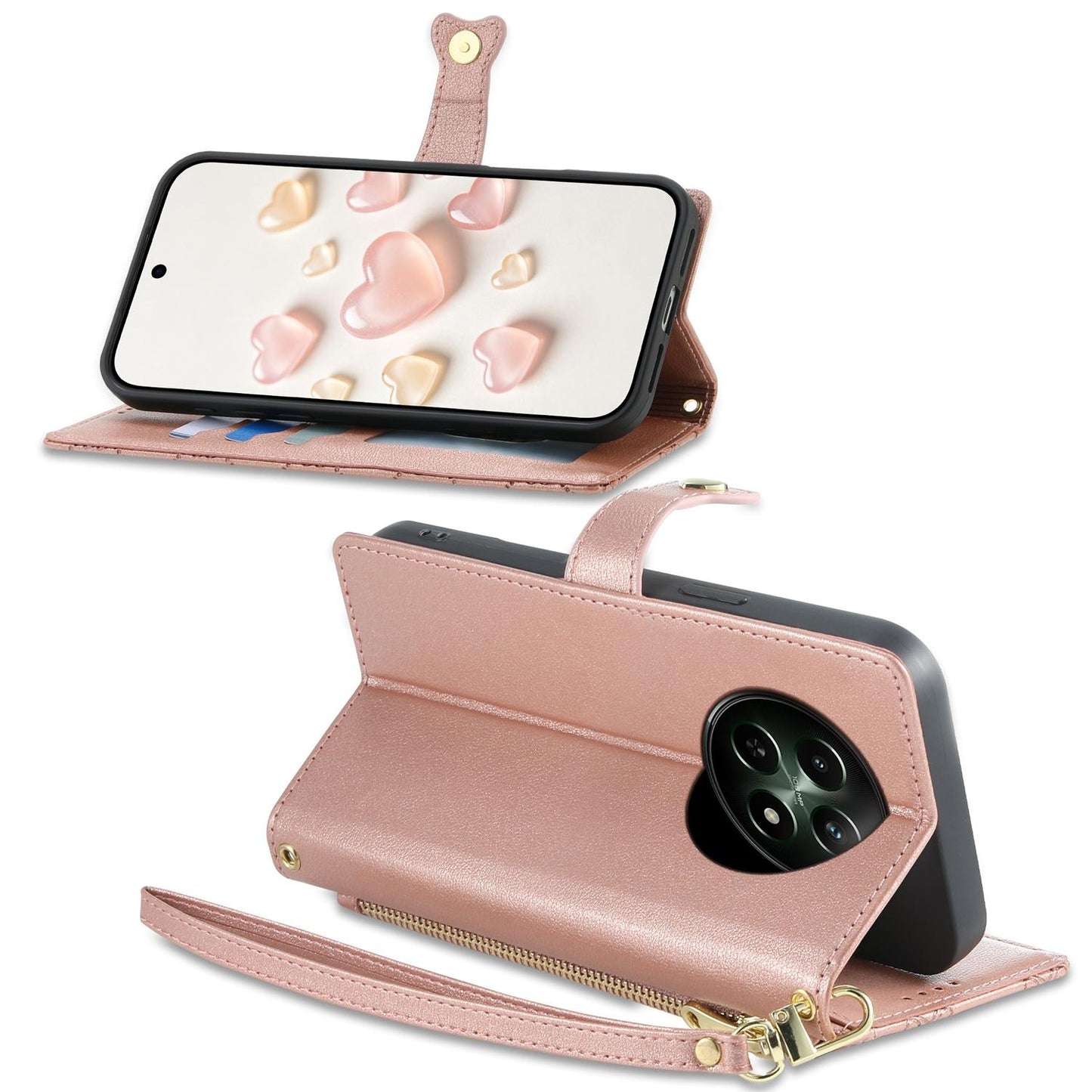 For Realme 12 5G / 12x / C65 5G Zipper Wallet Heart Buckle Vegan Leather Phone Case with Wrist Strap(Pink)