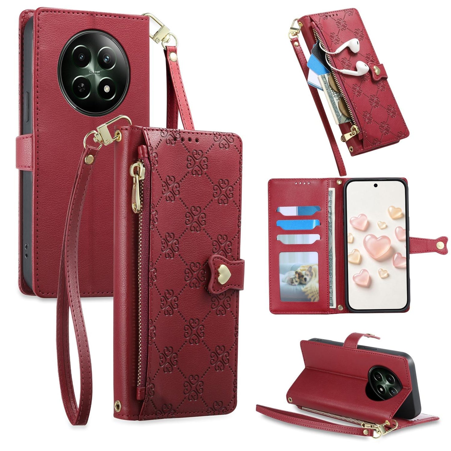 For Realme 12 5G / 12x / C65 5G Zipper Wallet Heart Buckle Vegan Leather Phone Case with Wrist Strap(Red)