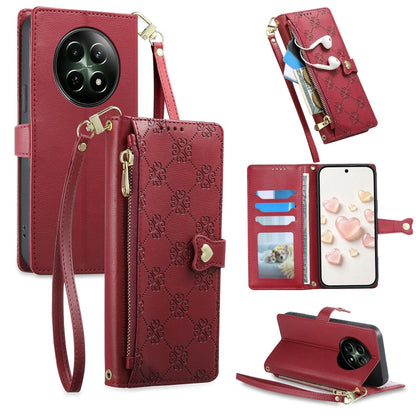 For Realme 12 5G / 12x / C65 5G Zipper Wallet Heart Buckle Vegan Leather Phone Case with Wrist Strap(Red)