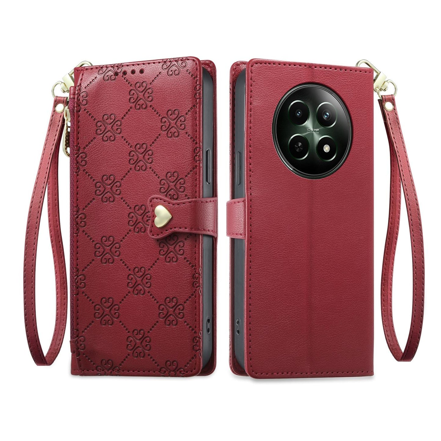 For Realme 12 5G / 12x / C65 5G Zipper Wallet Heart Buckle Vegan Leather Phone Case with Wrist Strap(Red)