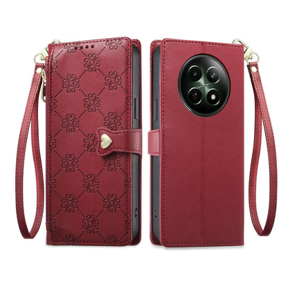 For Realme 12 5G / 12x / C65 5G Zipper Wallet Heart Buckle Vegan Leather Phone Case with Wrist Strap(Red)