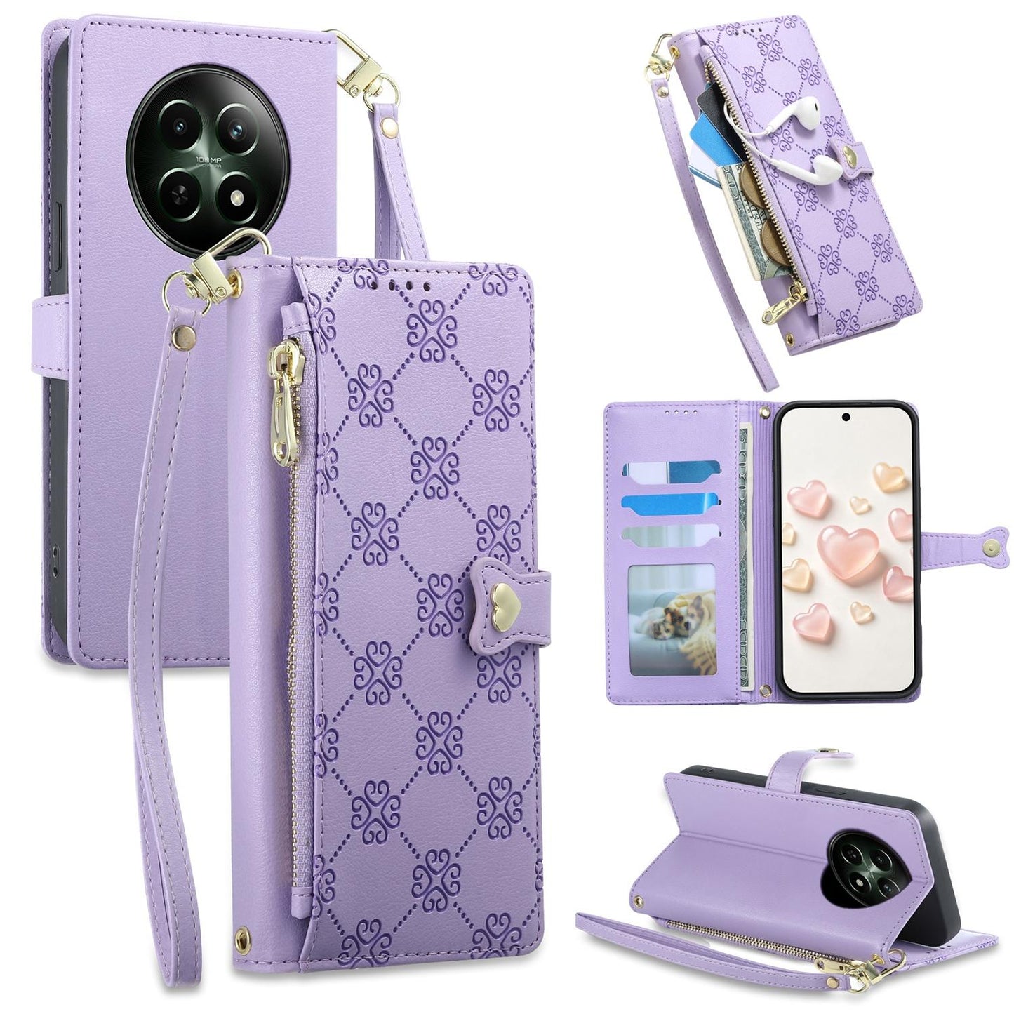 For Realme 12 5G / 12x / C65 5G Zipper Wallet Heart Buckle Vegan Leather Phone Case with Wrist Strap(Purple)