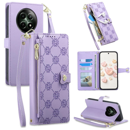 For Realme 12 5G / 12x / C65 5G Zipper Wallet Heart Buckle Vegan Leather Phone Case with Wrist Strap(Purple)