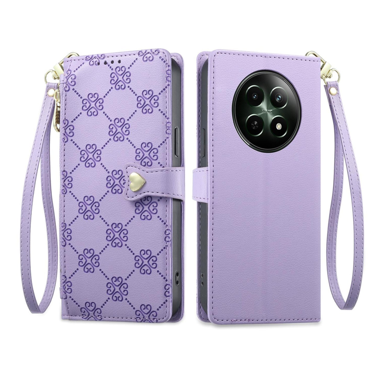 For Realme 12 5G / 12x / C65 5G Zipper Wallet Heart Buckle Vegan Leather Phone Case with Wrist Strap(Purple)