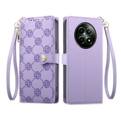For Realme 12 5G / 12x / C65 5G Zipper Wallet Heart Buckle Vegan Leather Phone Case with Wrist Strap(Purple)