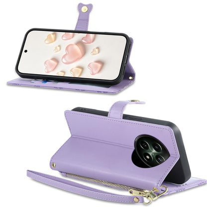 For Realme 12 5G / 12x / C65 5G Zipper Wallet Heart Buckle Vegan Leather Phone Case with Wrist Strap(Purple)