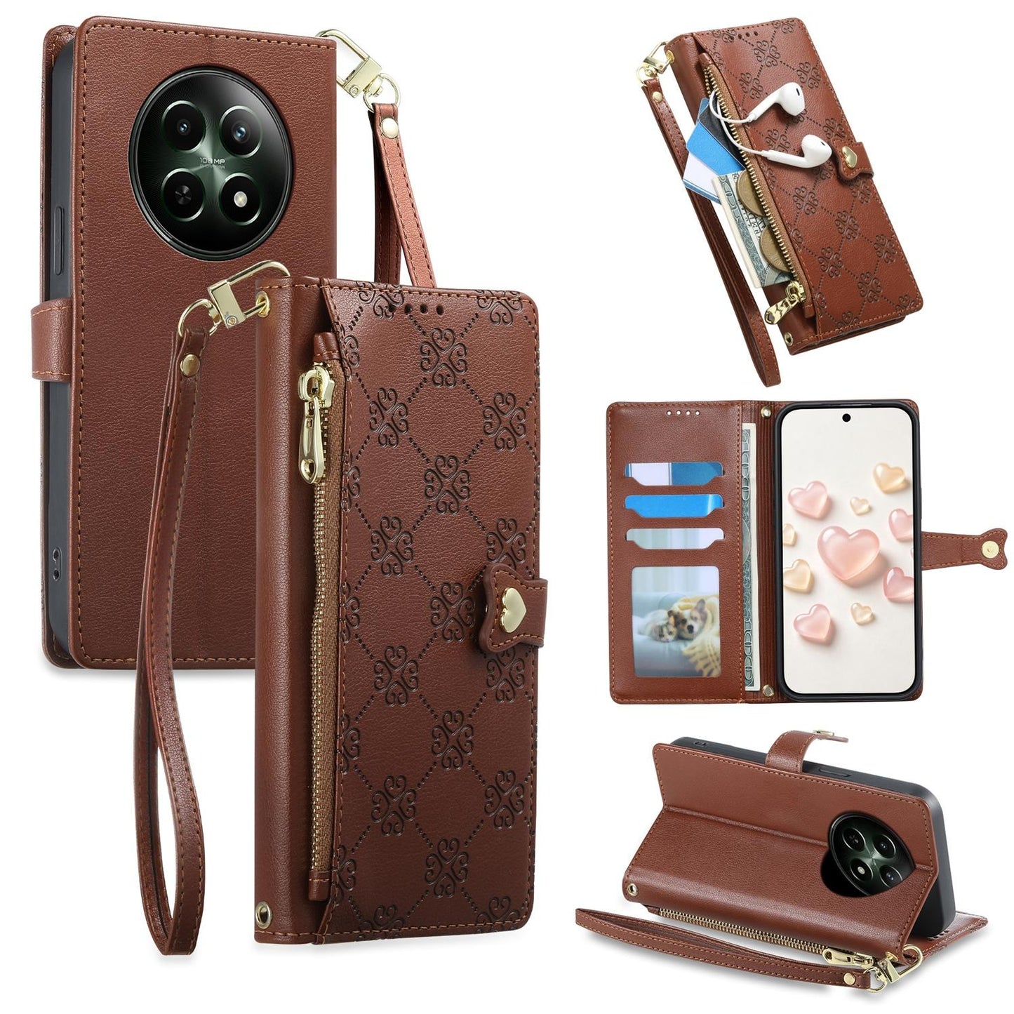 For Realme 12 5G / 12x / C65 5G Zipper Wallet Heart Buckle Vegan Leather Phone Case with Wrist Strap(Brown)
