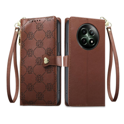 For Realme 12 5G / 12x / C65 5G Zipper Wallet Heart Buckle Vegan Leather Phone Case with Wrist Strap(Brown)