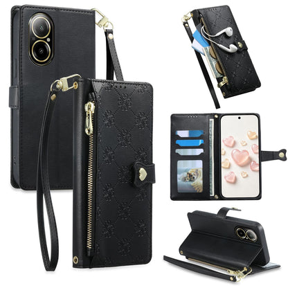For Realme 12 Lite / Realme C67 4G Zipper Wallet Heart Buckle Vegan Leather Phone Case with Wrist Strap(Black)
