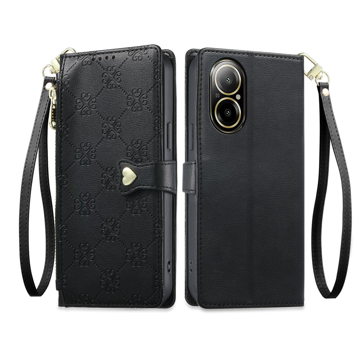 For Realme 12 Lite / Realme C67 4G Zipper Wallet Heart Buckle Vegan Leather Phone Case with Wrist Strap(Black)