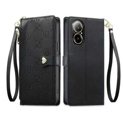 For Realme 12 Lite / Realme C67 4G Zipper Wallet Heart Buckle Vegan Leather Phone Case with Wrist Strap(Black)
