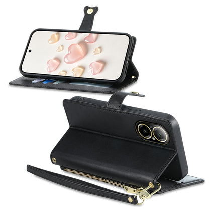 For Realme 12 Lite / Realme C67 4G Zipper Wallet Heart Buckle Vegan Leather Phone Case with Wrist Strap(Black)