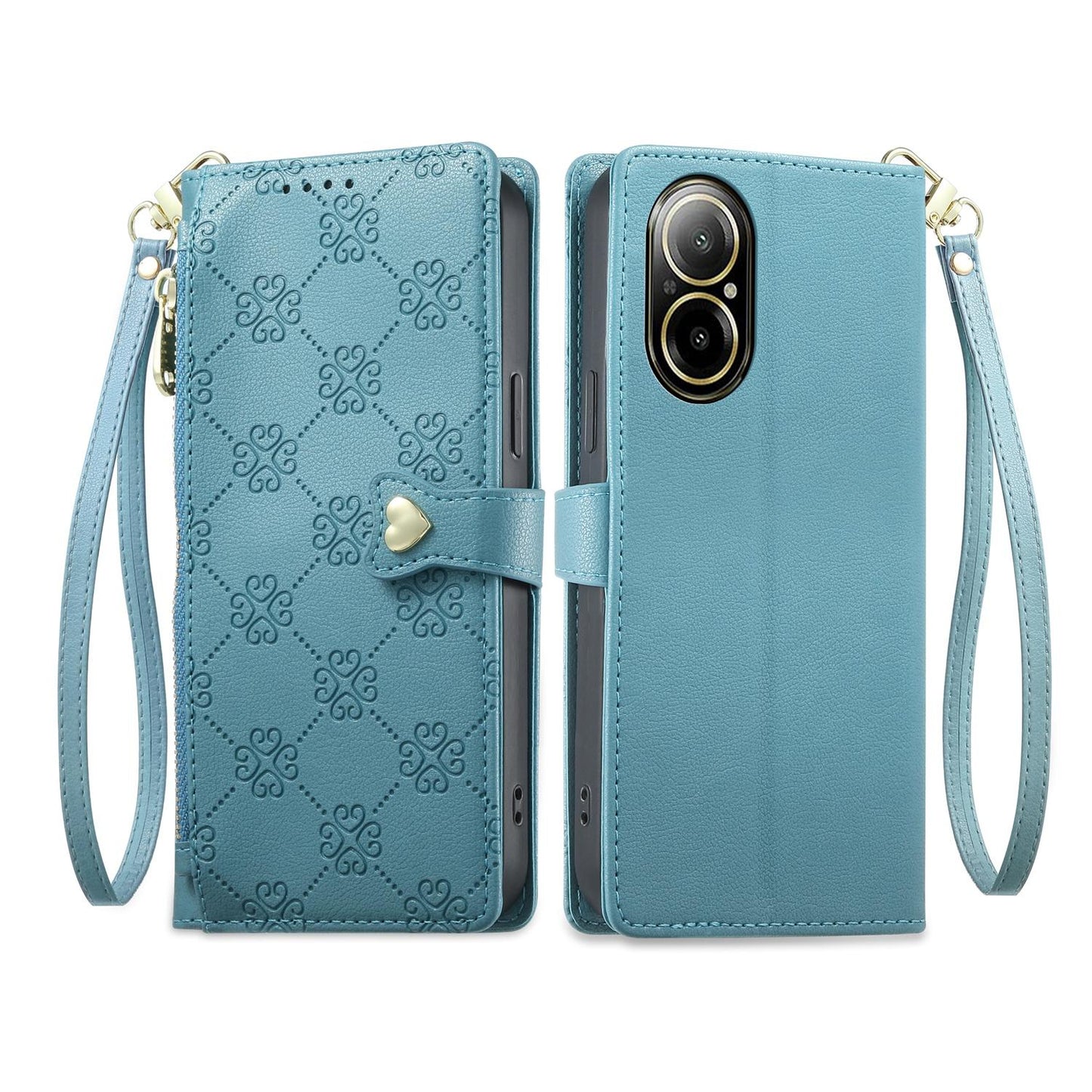 For Realme 12 Lite / Realme C67 4G Zipper Wallet Heart Buckle Vegan Leather Phone Case with Wrist Strap(Lake Blue)