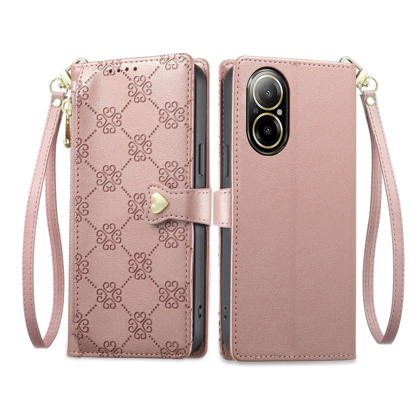 For Realme 12 Lite / Realme C67 4G Zipper Wallet Heart Buckle Vegan Leather Phone Case with Wrist Strap(Pink)