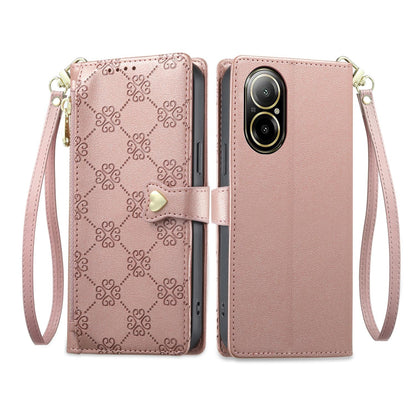For Realme 12 Lite / Realme C67 4G Zipper Wallet Heart Buckle Vegan Leather Phone Case with Wrist Strap(Pink)