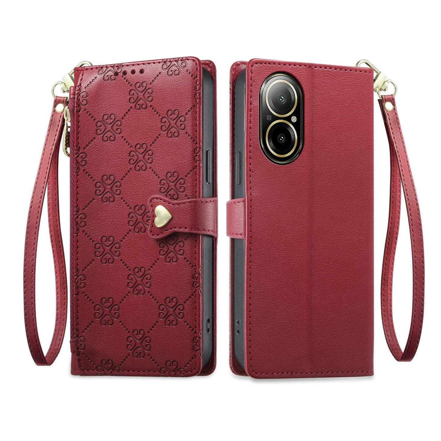 For Realme 12 Lite / Realme C67 4G Zipper Wallet Heart Buckle Vegan Leather Phone Case with Wrist Strap(Red)