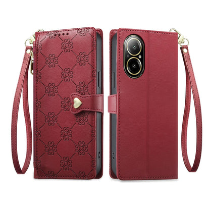 For Realme 12 Lite / Realme C67 4G Zipper Wallet Heart Buckle Vegan Leather Phone Case with Wrist Strap(Red)