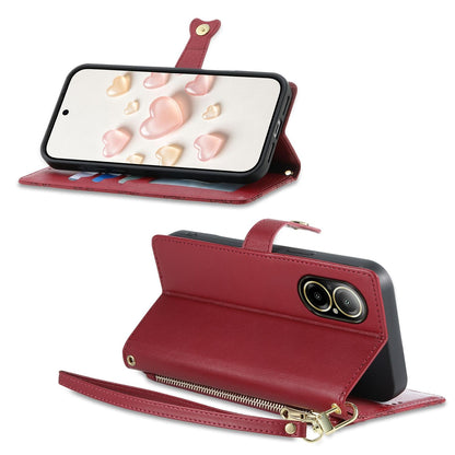 For Realme 12 Lite / Realme C67 4G Zipper Wallet Heart Buckle Vegan Leather Phone Case with Wrist Strap(Red)