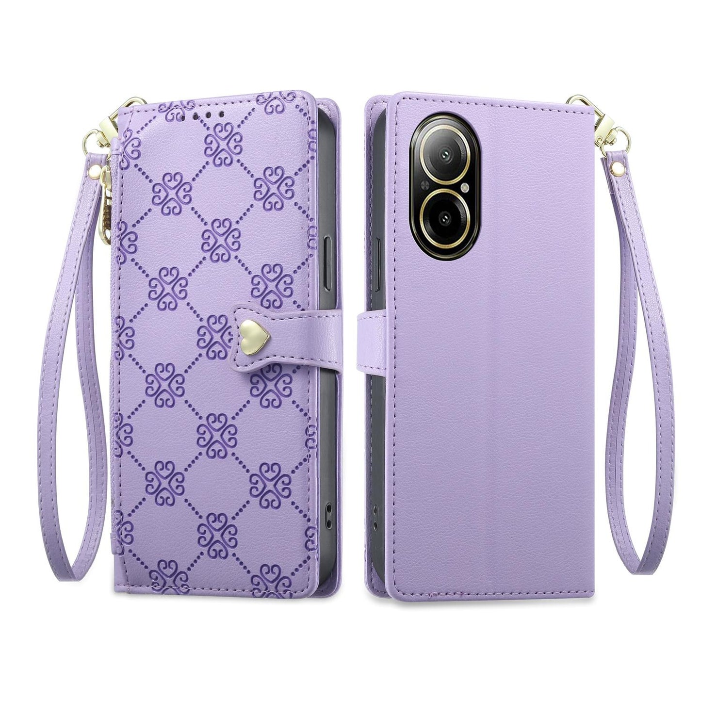 For Realme 12 Lite / Realme C67 4G Zipper Wallet Heart Buckle Vegan Leather Phone Case with Wrist Strap(Purple)