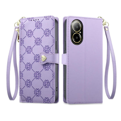 For Realme 12 Lite / Realme C67 4G Zipper Wallet Heart Buckle Vegan Leather Phone Case with Wrist Strap(Purple)