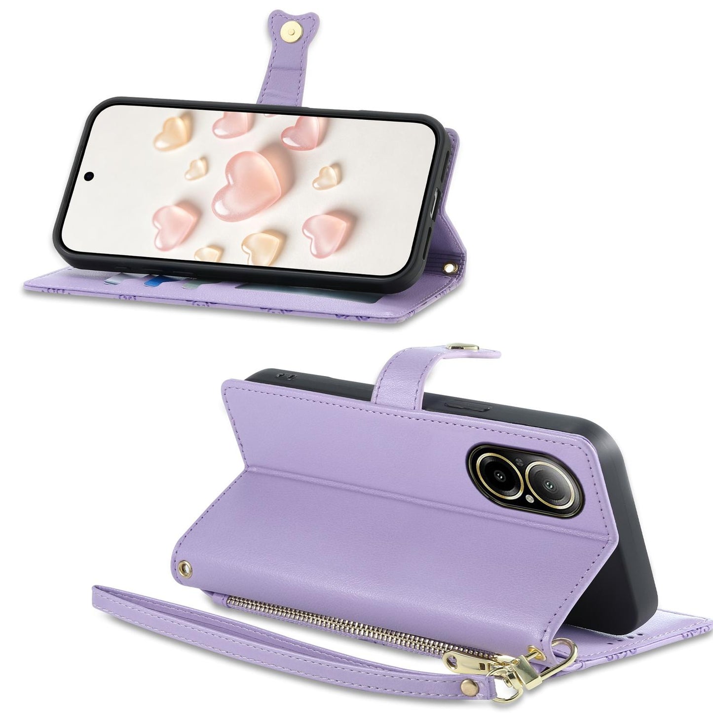 For Realme 12 Lite / Realme C67 4G Zipper Wallet Heart Buckle Vegan Leather Phone Case with Wrist Strap(Purple)