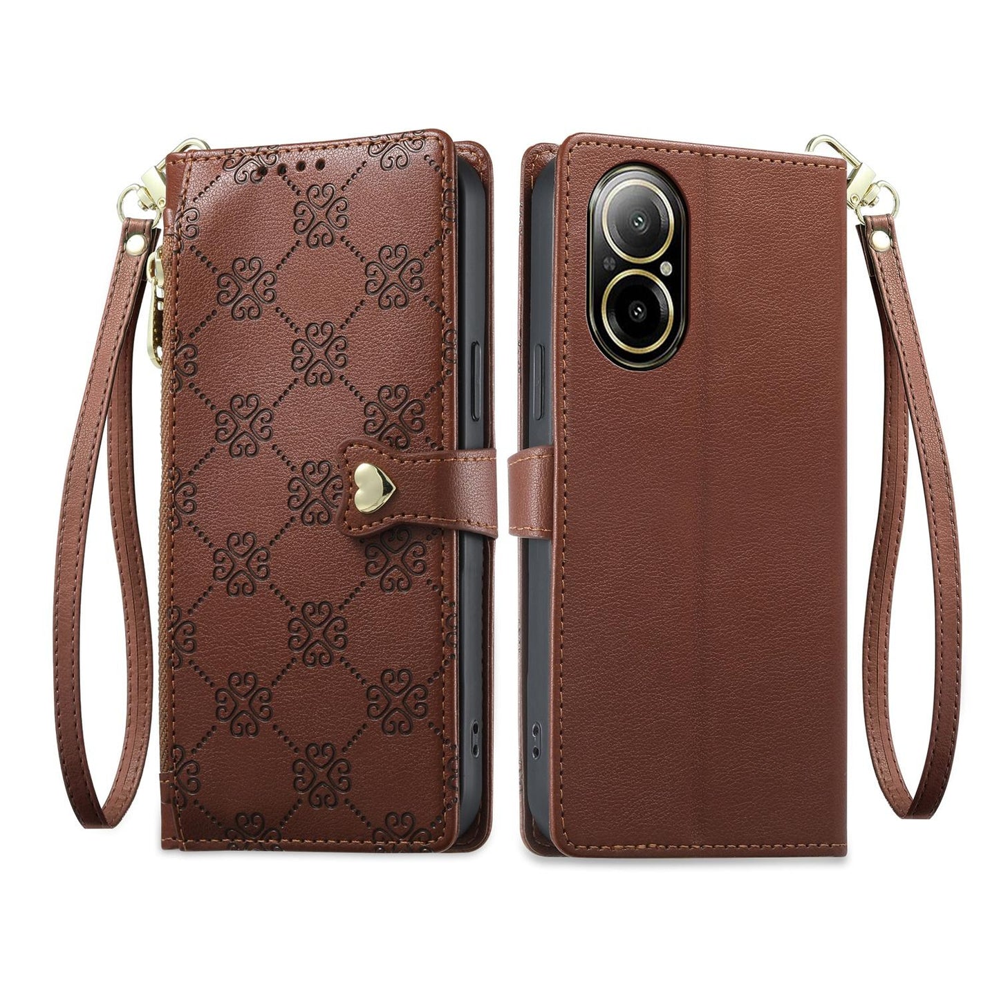 For Realme 12 Lite / Realme C67 4G Zipper Wallet Heart Buckle Vegan Leather Phone Case with Wrist Strap(Brown)