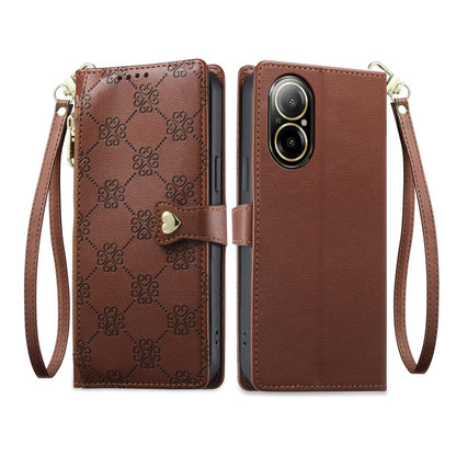 For Realme 12 Lite / Realme C67 4G Zipper Wallet Heart Buckle Vegan Leather Phone Case with Wrist Strap(Brown)