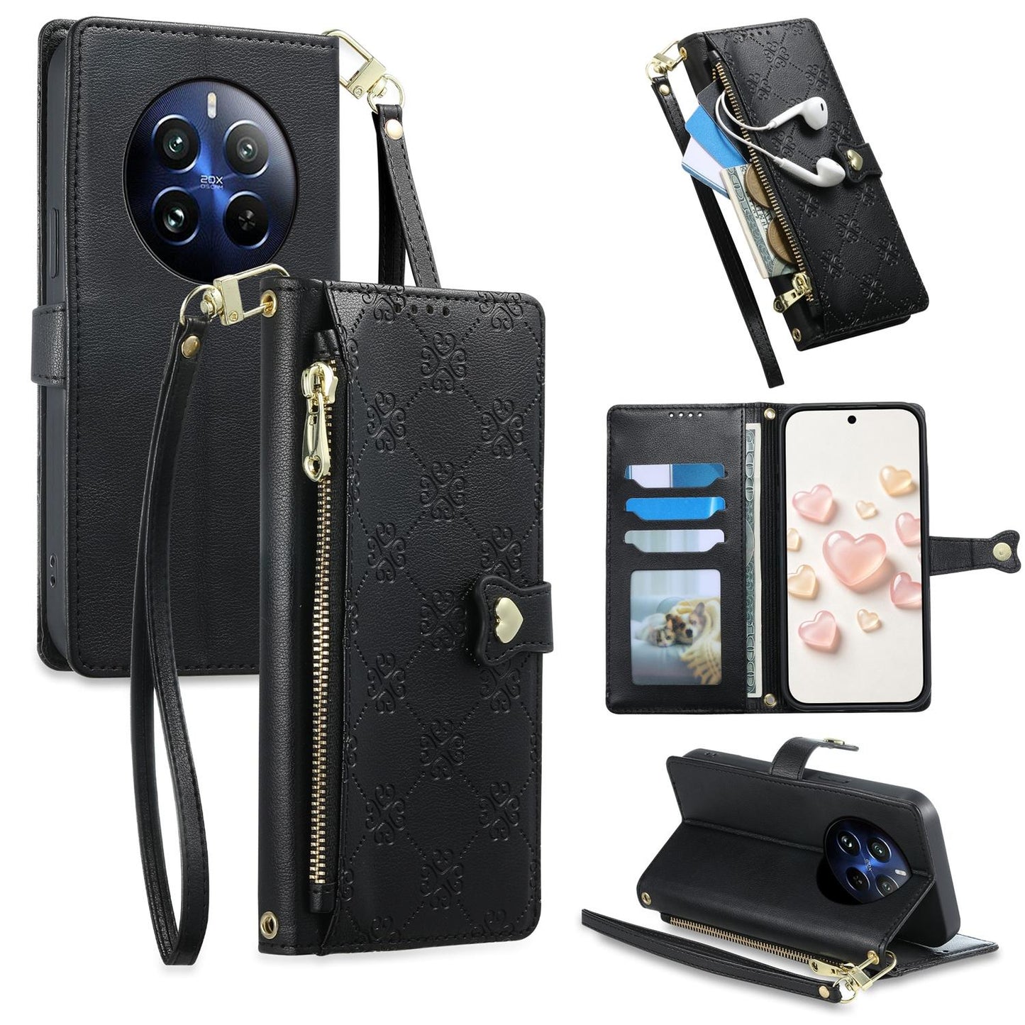 For Realme 12 Pro / Realme 12 Pro+ Zipper Wallet Heart Buckle Vegan Leather Phone Case with Wrist Strap(Black)