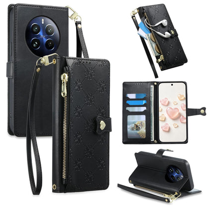 For Realme 12 Pro / Realme 12 Pro+ Zipper Wallet Heart Buckle Vegan Leather Phone Case with Wrist Strap(Black)