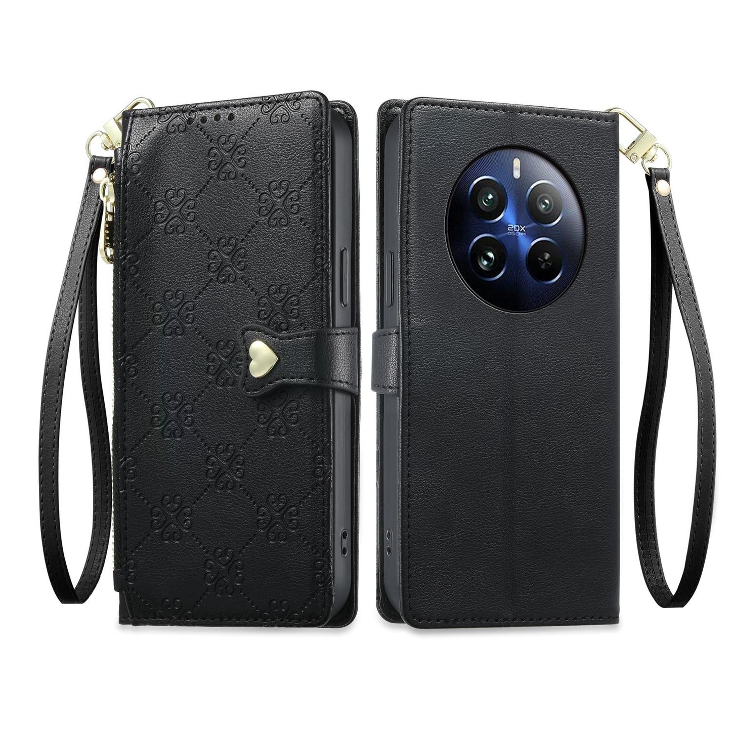For Realme 12 Pro / Realme 12 Pro+ Zipper Wallet Heart Buckle Vegan Leather Phone Case with Wrist Strap(Black)