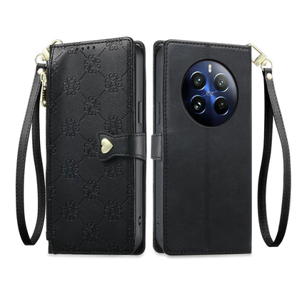 For Realme 12 Pro / Realme 12 Pro+ Zipper Wallet Heart Buckle Vegan Leather Phone Case with Wrist Strap(Black)
