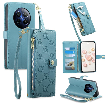 For Realme 12 Pro / Realme 12 Pro+ Zipper Wallet Heart Buckle Vegan Leather Phone Case with Wrist Strap(Lake Blue)