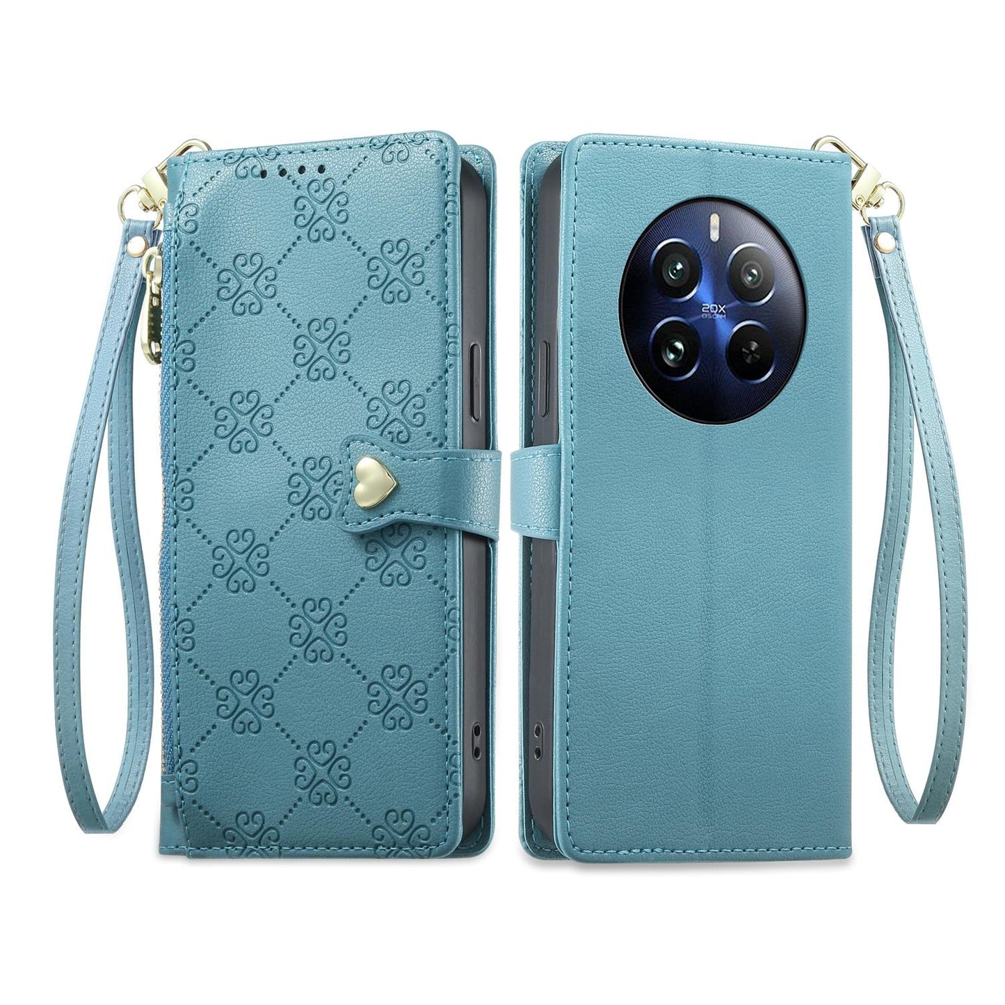 For Realme 12 Pro / Realme 12 Pro+ Zipper Wallet Heart Buckle Vegan Leather Phone Case with Wrist Strap(Lake Blue)