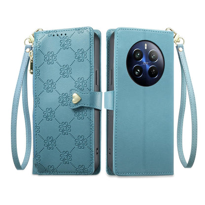 For Realme 12 Pro / Realme 12 Pro+ Zipper Wallet Heart Buckle Vegan Leather Phone Case with Wrist Strap(Lake Blue)