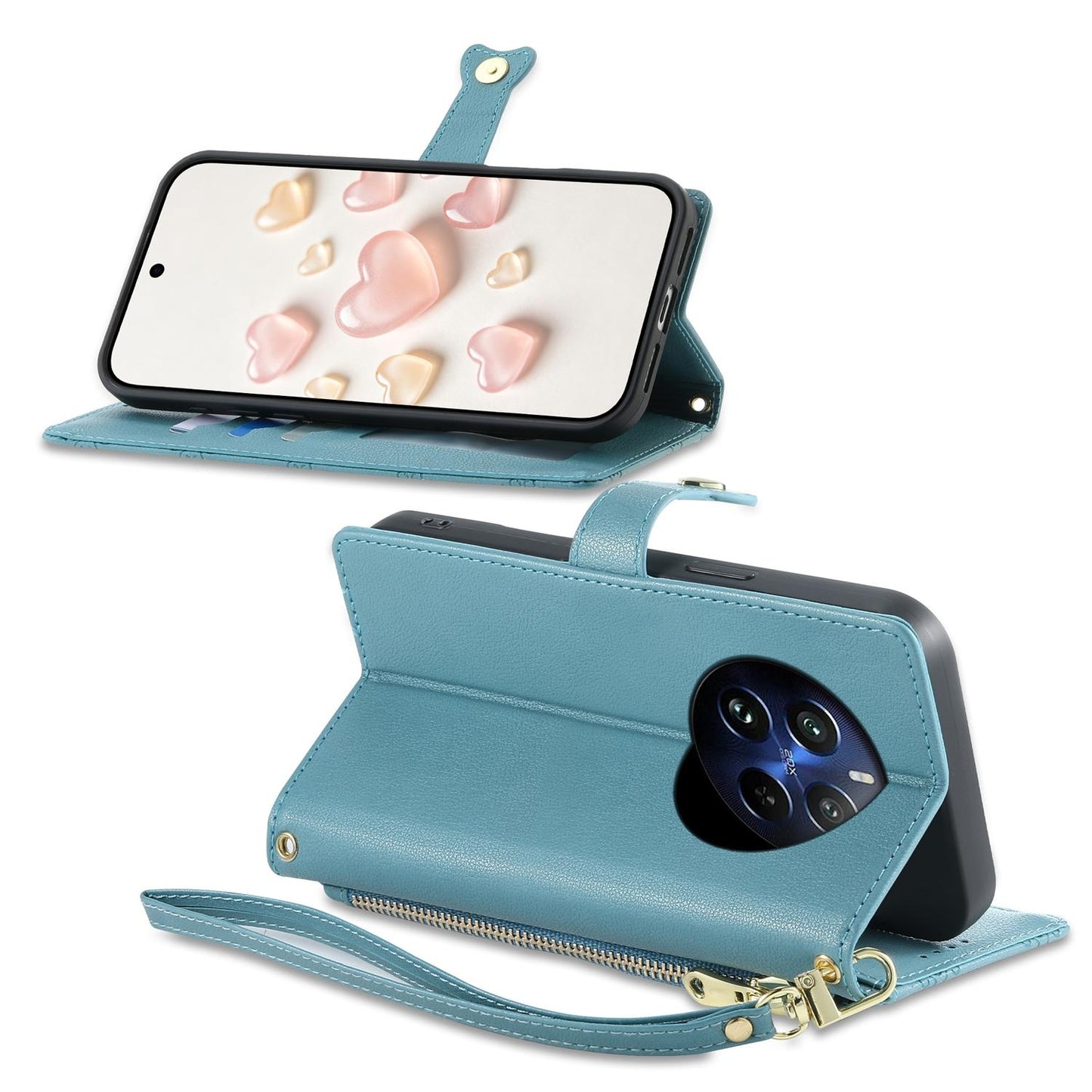 For Realme 12 Pro / Realme 12 Pro+ Zipper Wallet Heart Buckle Vegan Leather Phone Case with Wrist Strap(Lake Blue)