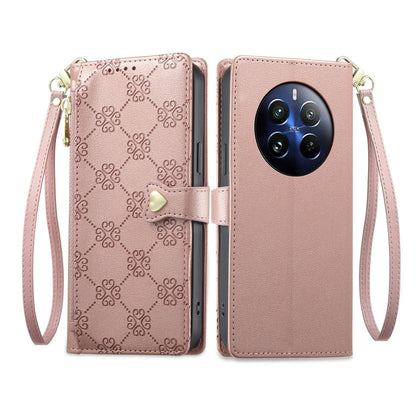 For Realme 12 Pro / Realme 12 Pro+ Zipper Wallet Heart Buckle Vegan Leather Phone Case with Wrist Strap(Pink)