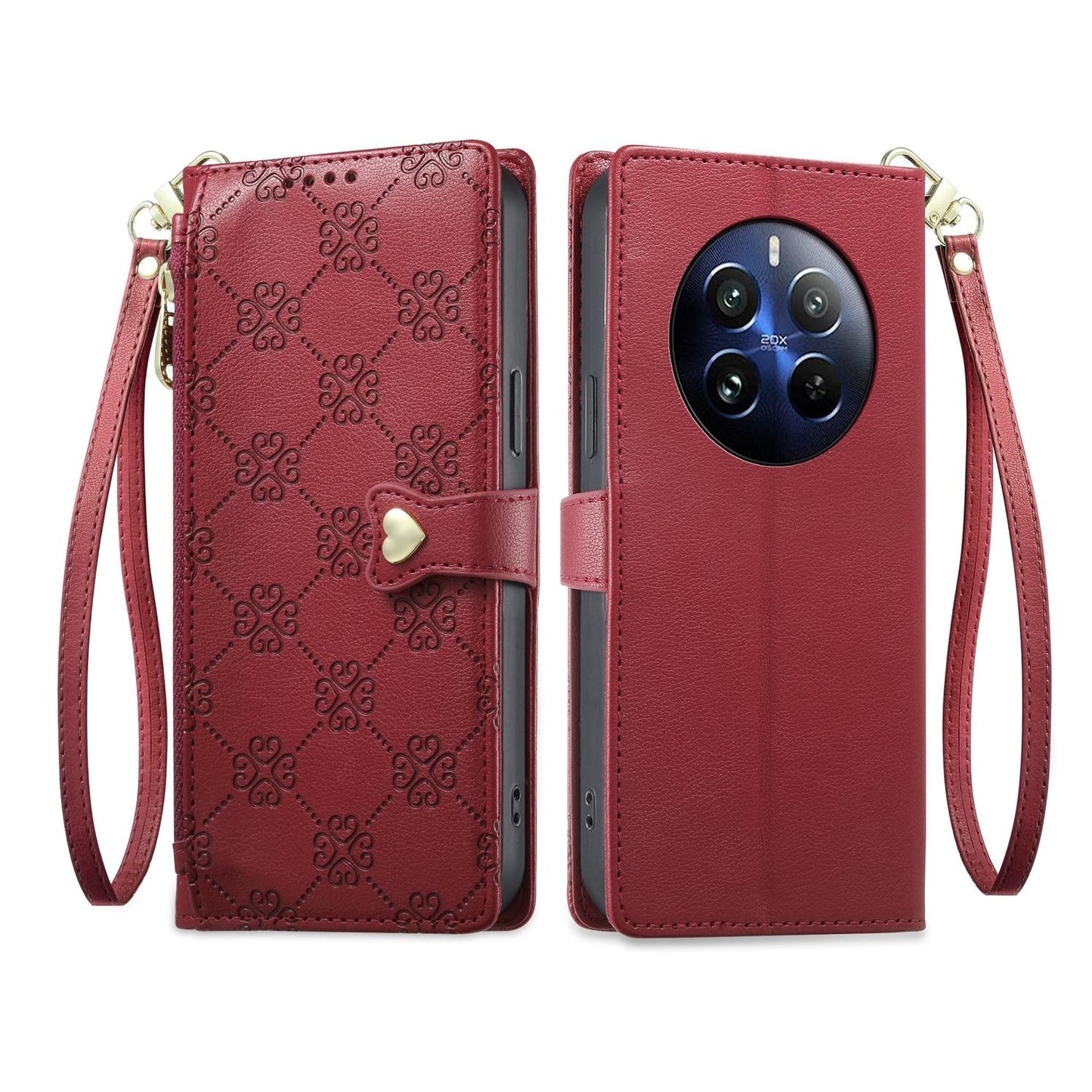 For Realme 12 Pro / Realme 12 Pro+ Zipper Wallet Heart Buckle Vegan Leather Phone Case with Wrist Strap(Red)