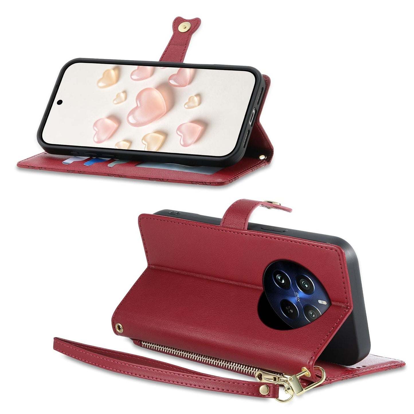 For Realme 12 Pro / Realme 12 Pro+ Zipper Wallet Heart Buckle Vegan Leather Phone Case with Wrist Strap(Red)